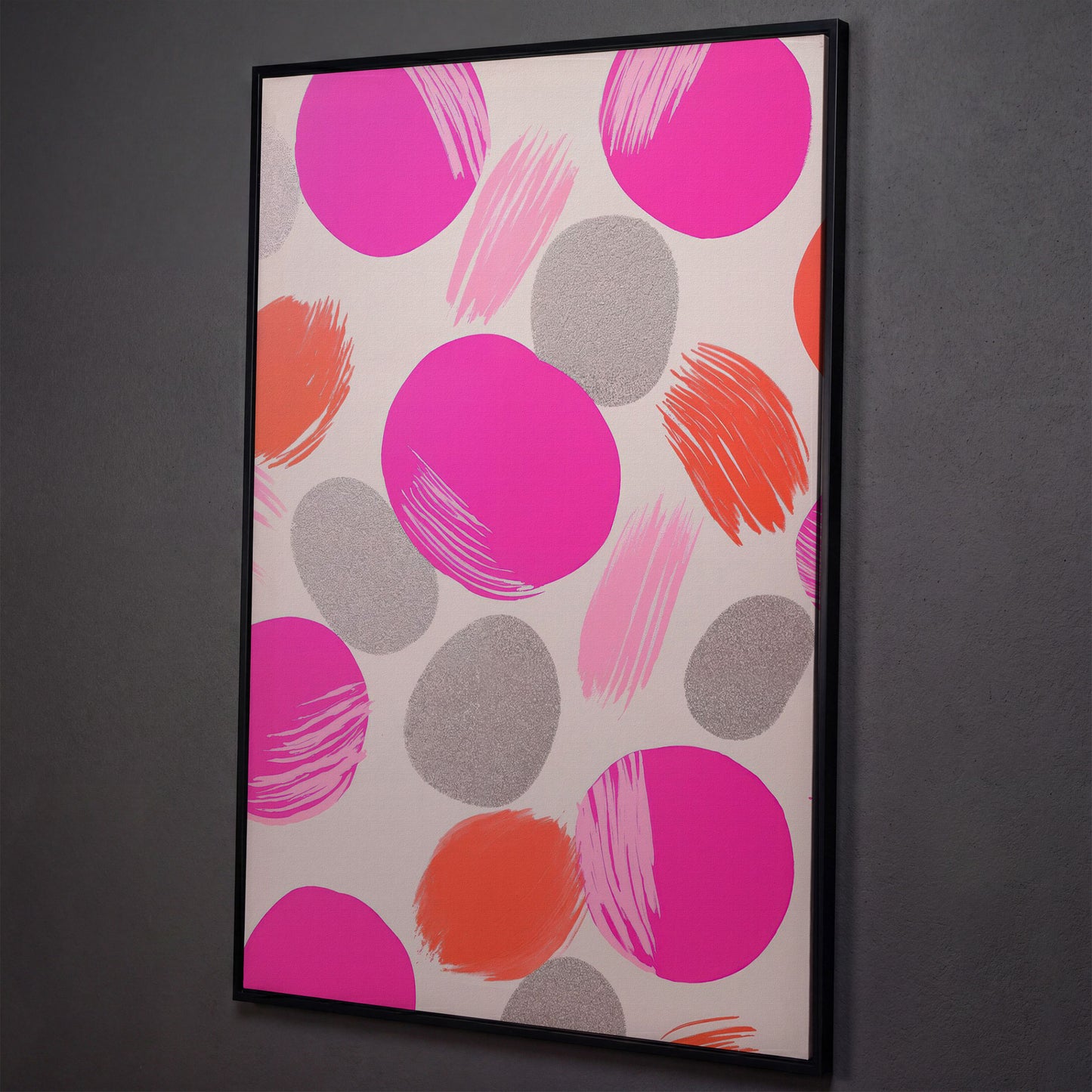 Pink Abstract Circles Canvas shown in black floating frame
