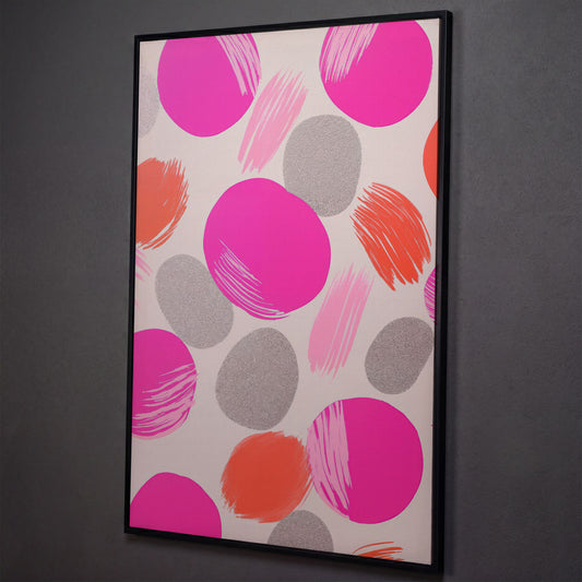 Pink Abstract Circles Canvas shown in black floating frame