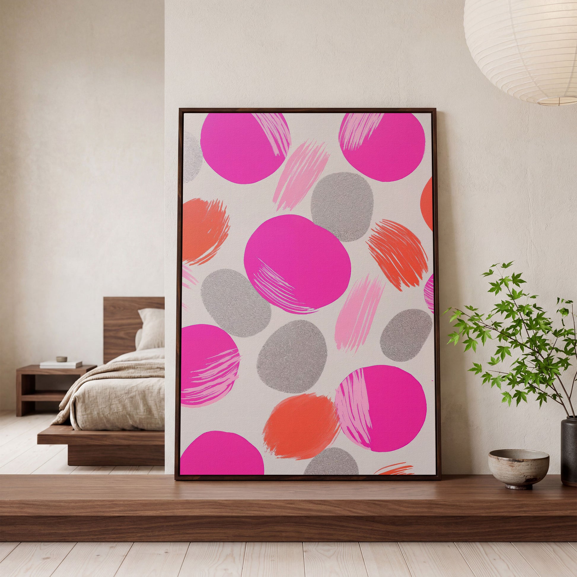 Pink Abstract Circles Canvas in dark walnut floating frame