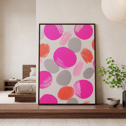 Pink Abstract Circles Canvas in dark walnut floating frame