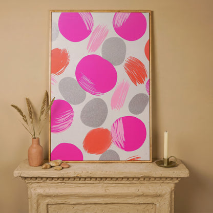Pink Abstract Circles Canvas in white oak floating frame