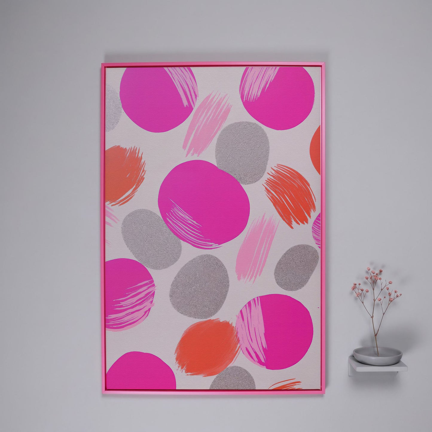 Pink Abstract Circles Canvas in pink floating frame