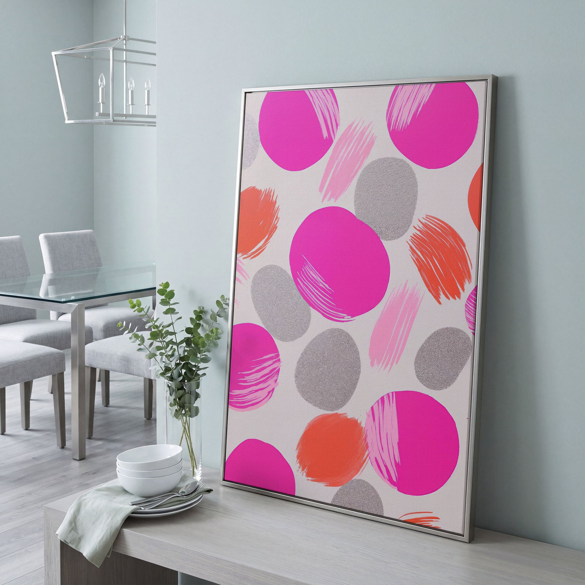 Pink Abstract Circles Canvas in silver floating frame