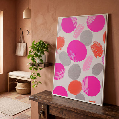 Pink Abstract Circles Canvas in white floating frame