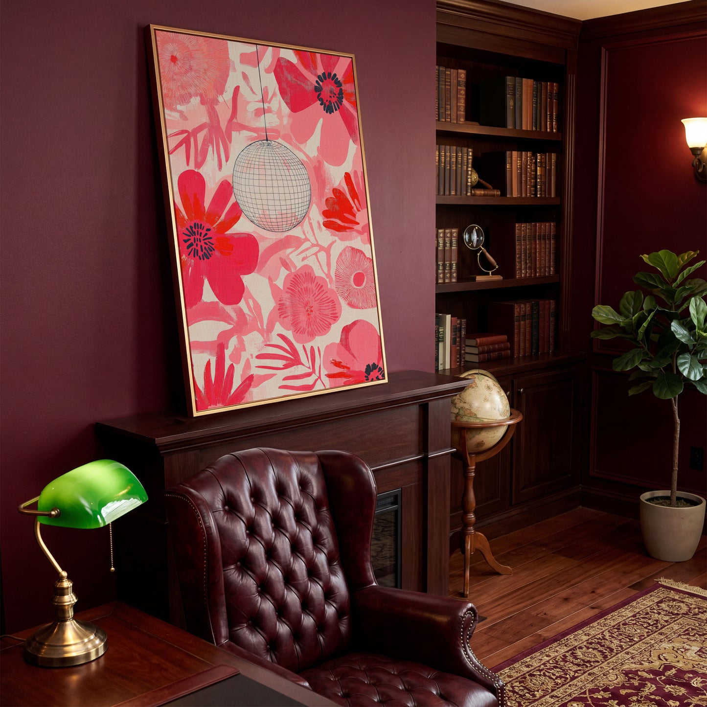 Pink Floral Abstract Canvas with Disco Ball Detail in antique gold floating frame