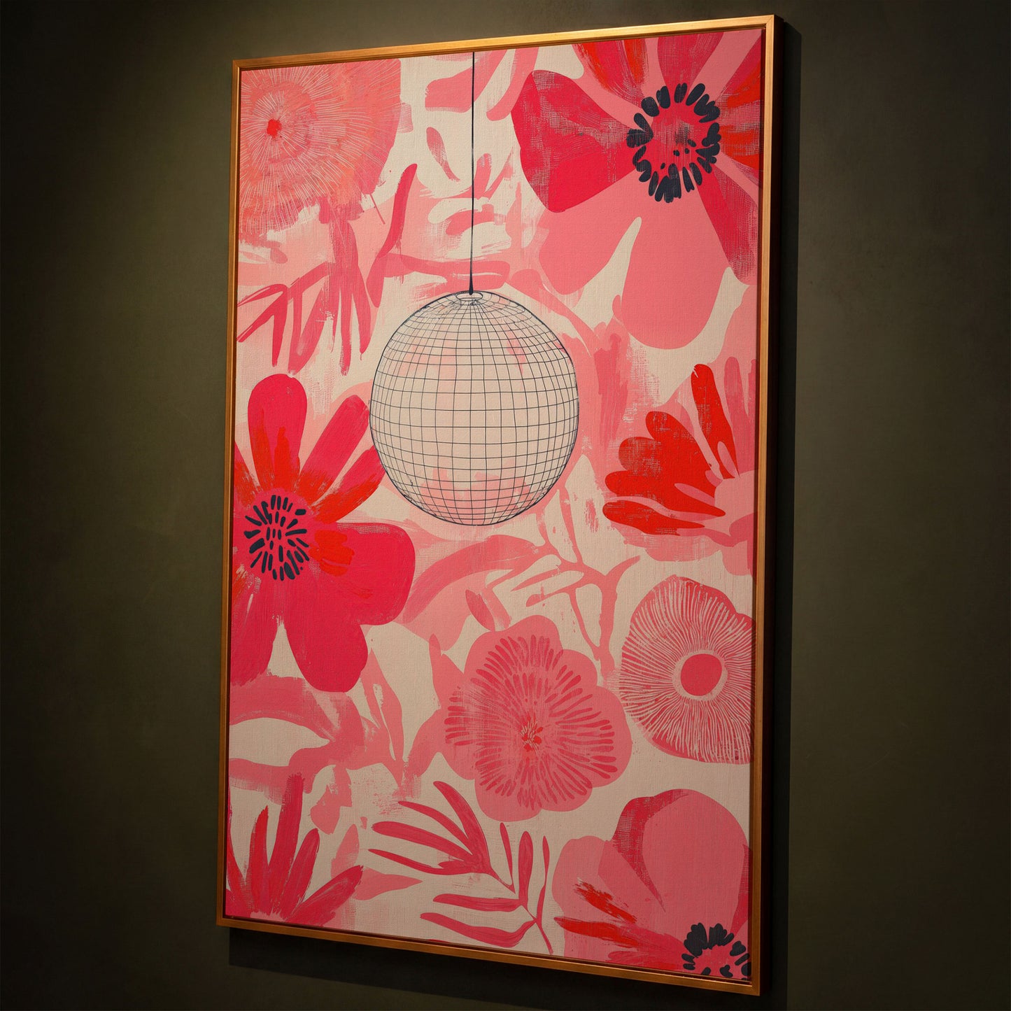 Pink Floral Abstract Canvas with Disco Ball Detail shown in antique gold floating frame