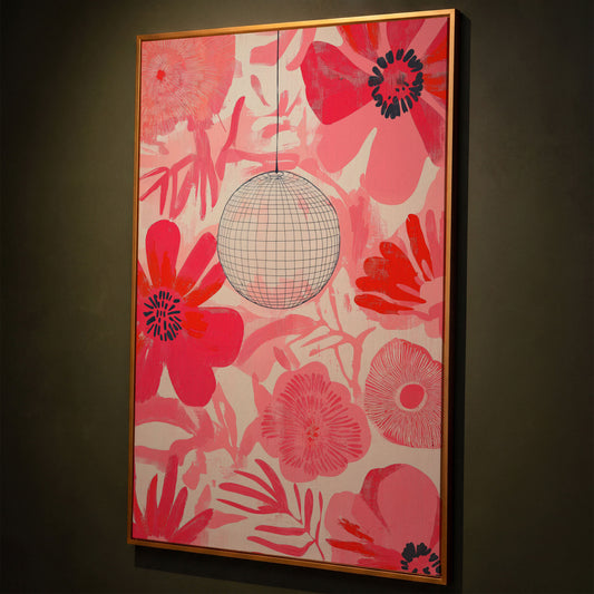Pink Floral Abstract Canvas with Disco Ball Detail shown in antique gold floating frame