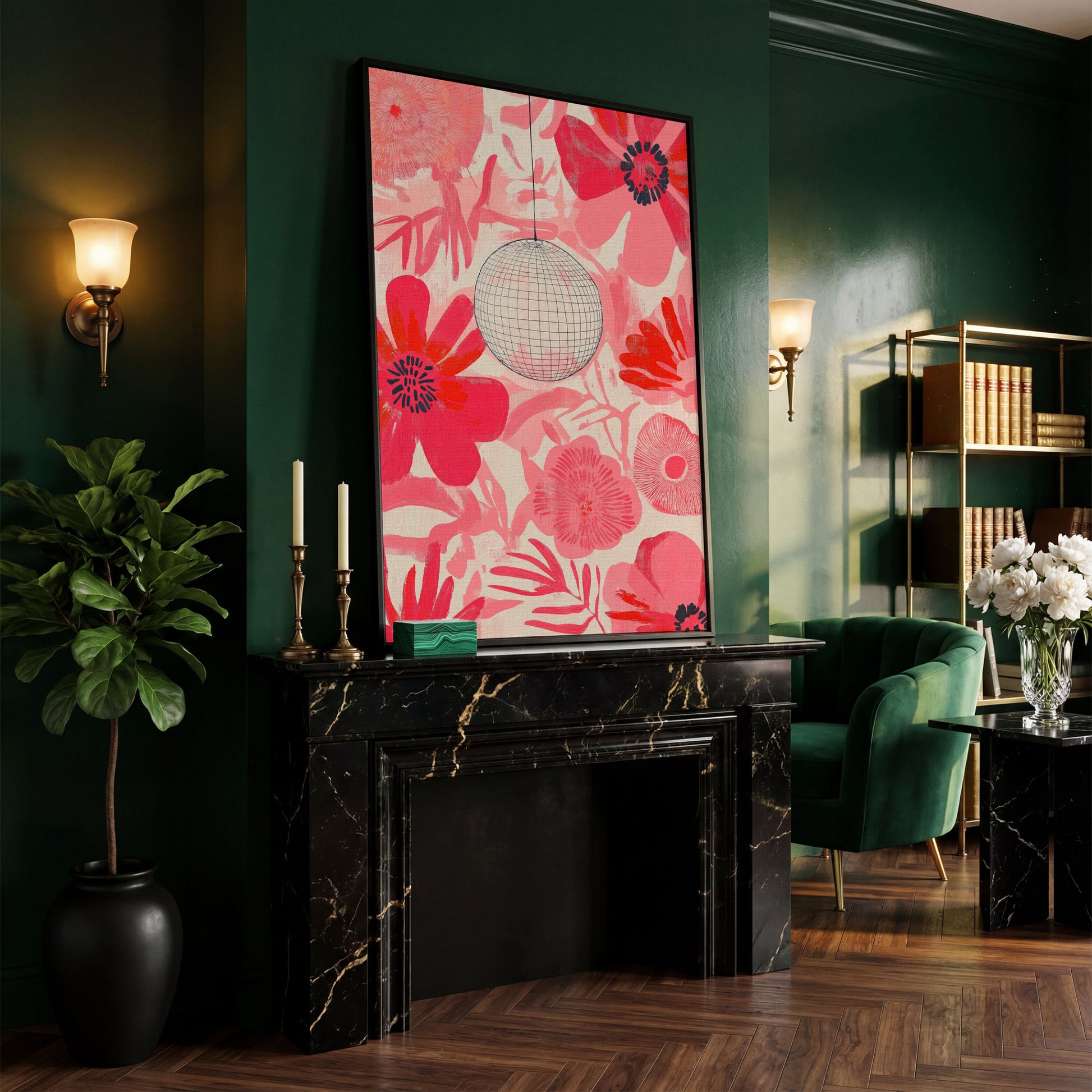 Pink Floral Abstract Canvas with Disco Ball Detail in black floating frame