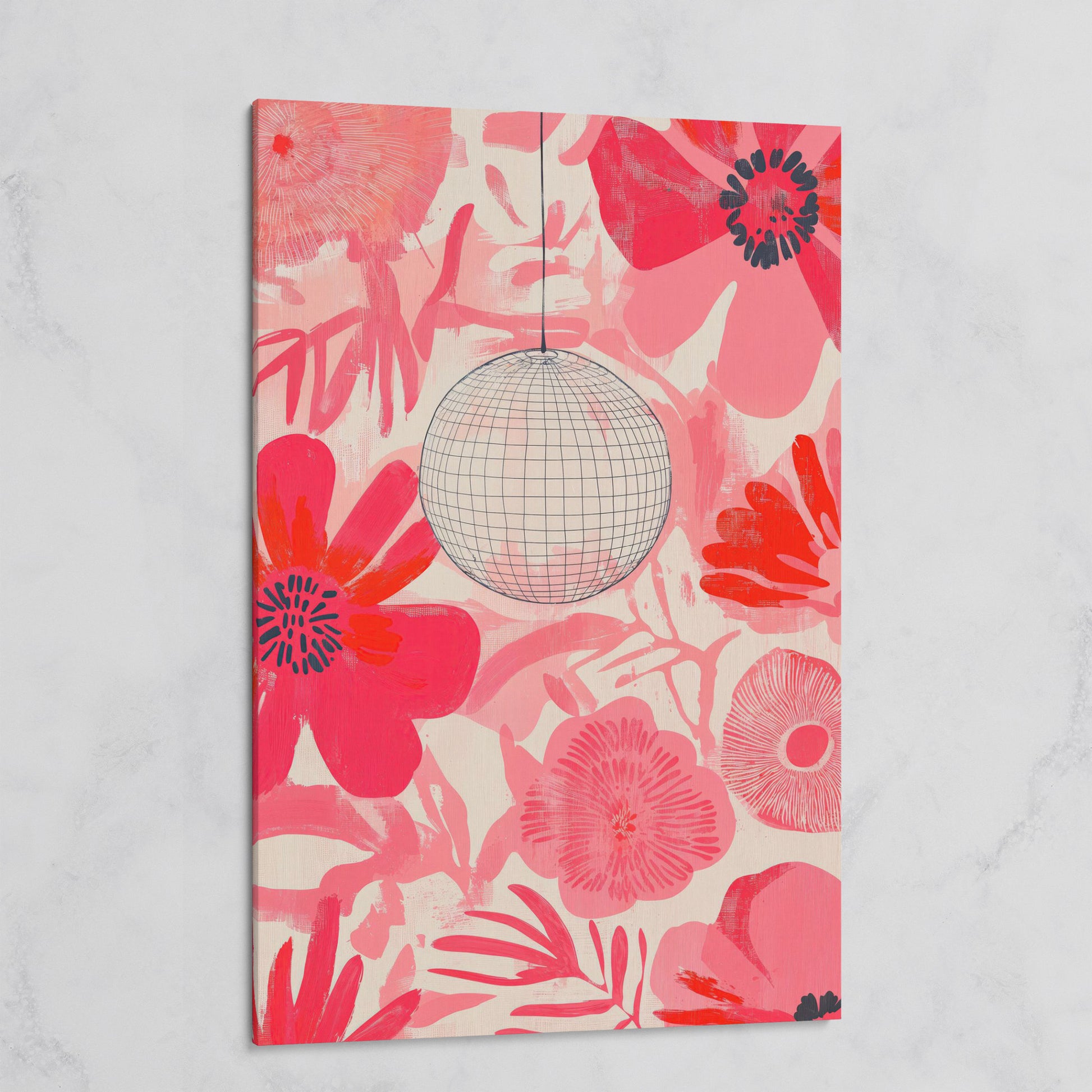 Pink Floral Abstract Canvas with Disco Ball Detail on gallery wrap