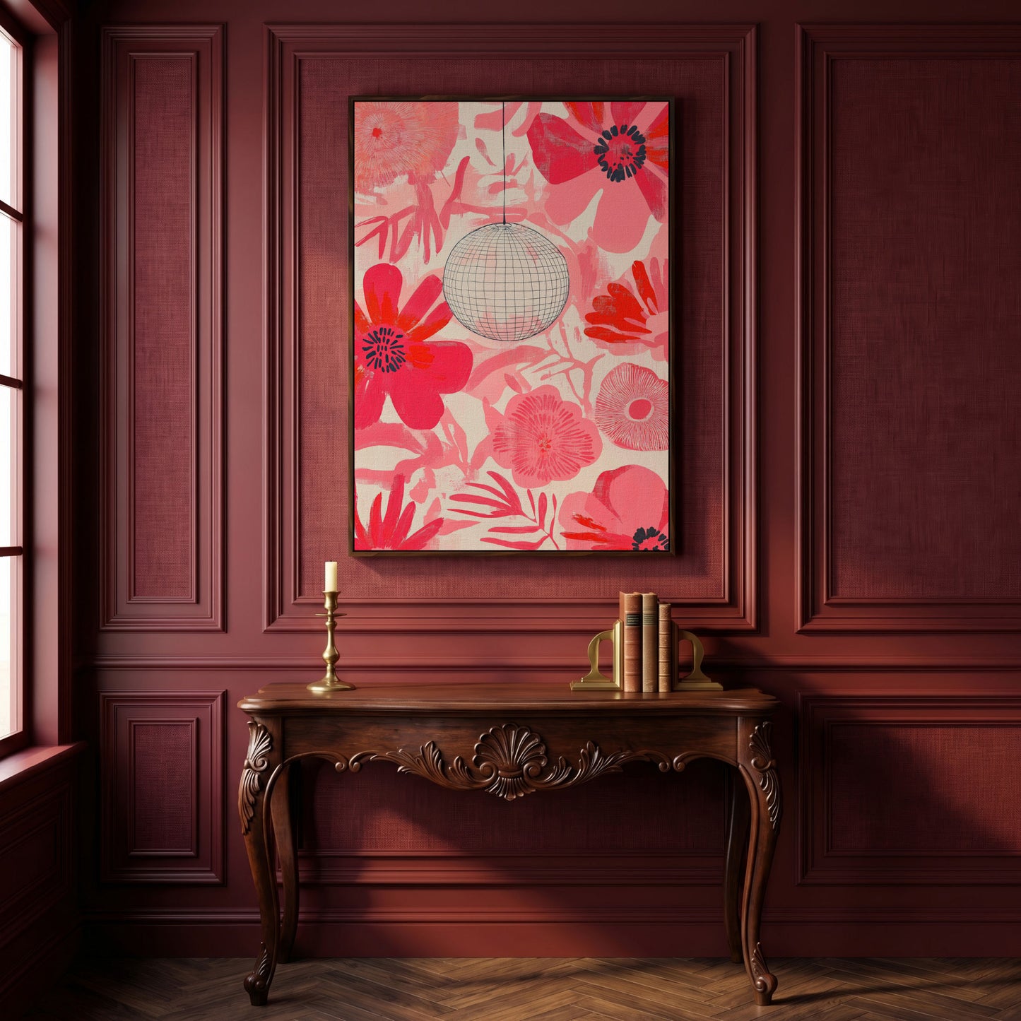 Pink Floral Abstract Canvas with Disco Ball Detail in dark walnut floating frame