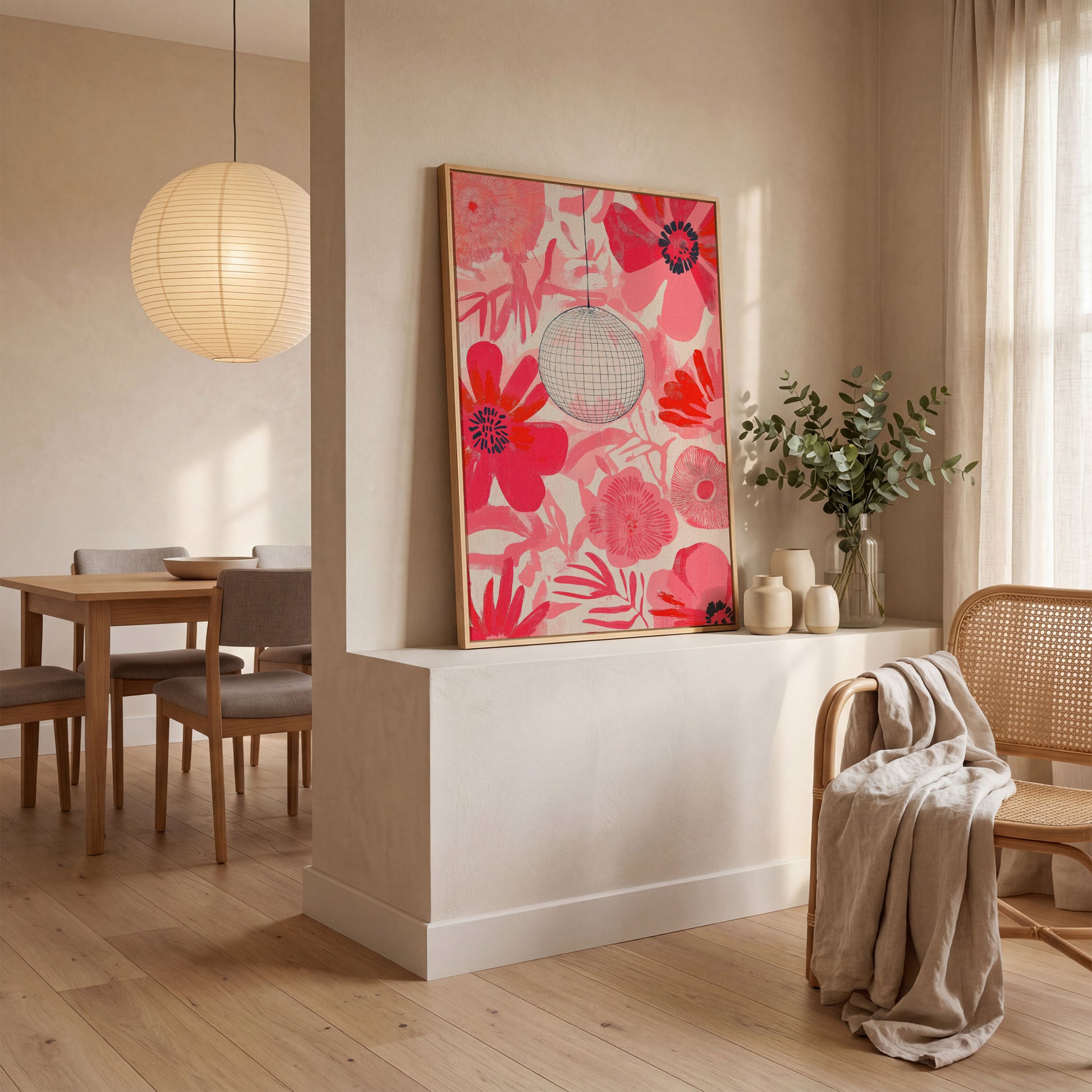 Pink Floral Abstract Canvas with Disco Ball Detail in white oak floating frame