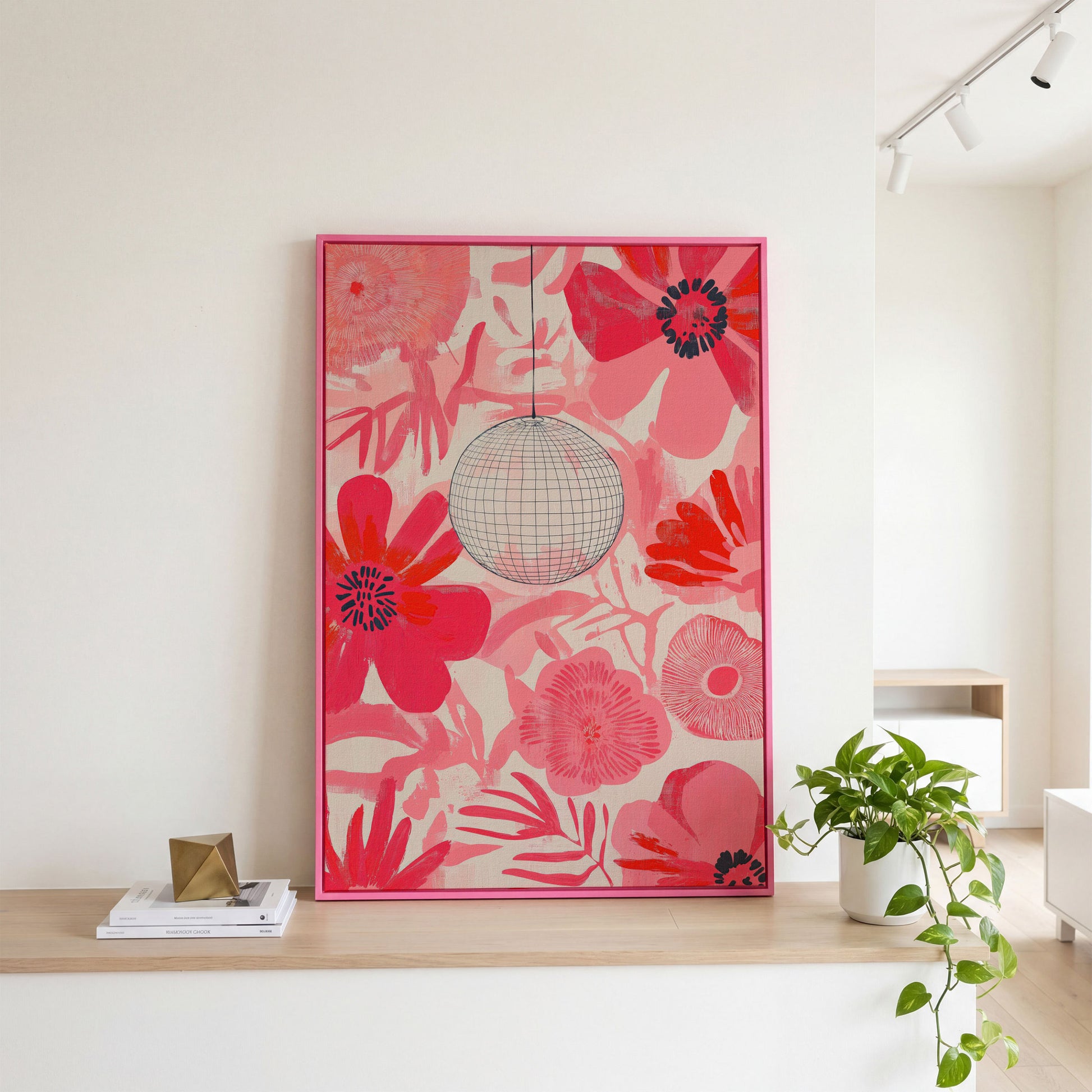 Pink Floral Abstract Canvas with Disco Ball Detail in pink floating frame