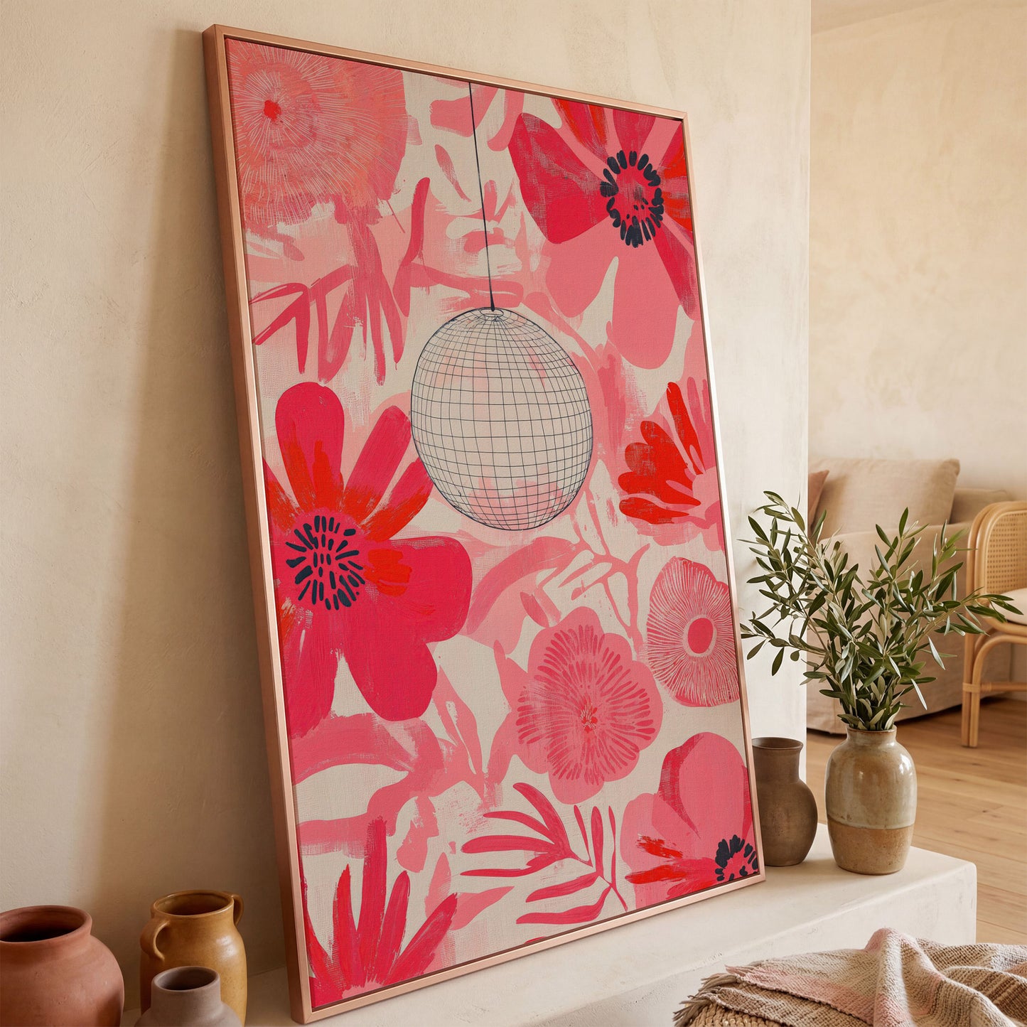 Pink Floral Abstract Canvas with Disco Ball Detail in rose gold floating frame