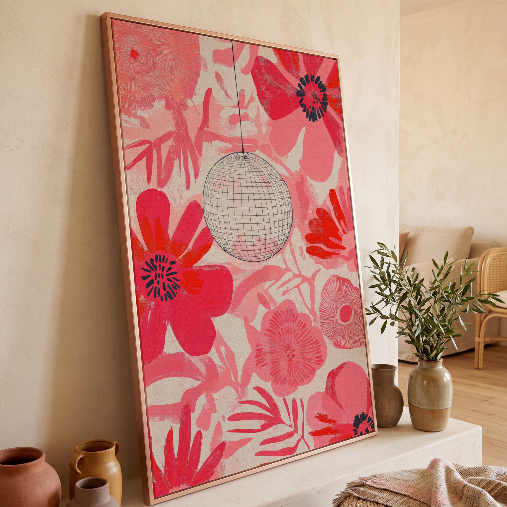Pink Floral Abstract Canvas with Disco Ball Detail in rose gold floating frame