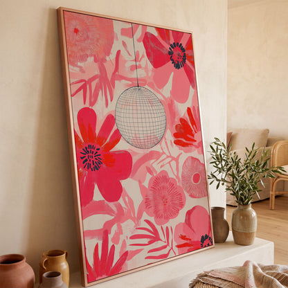 Pink Floral Abstract Canvas with Disco Ball Detail in rose gold floating frame