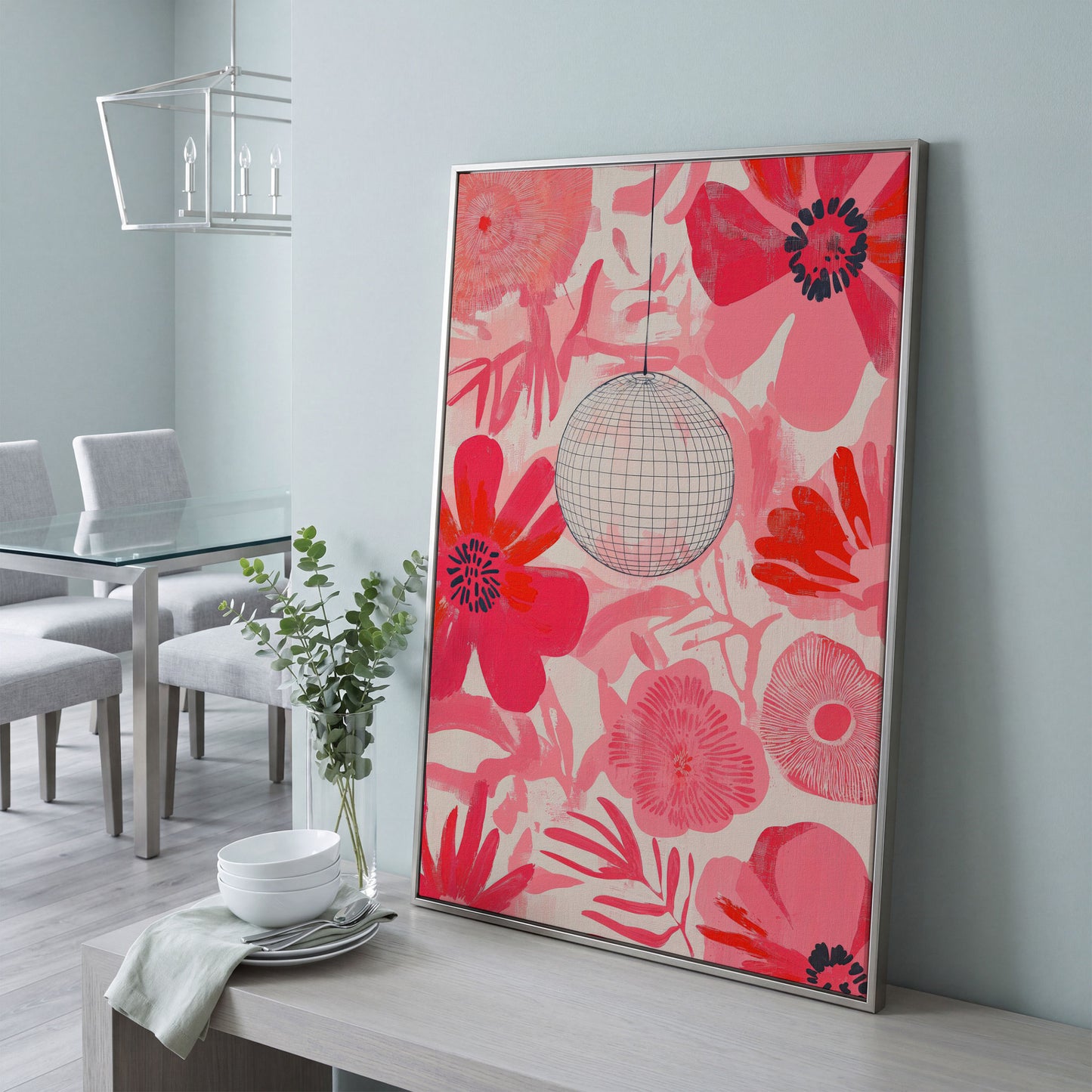 Pink Floral Abstract Canvas with Disco Ball Detail in silver floating frame