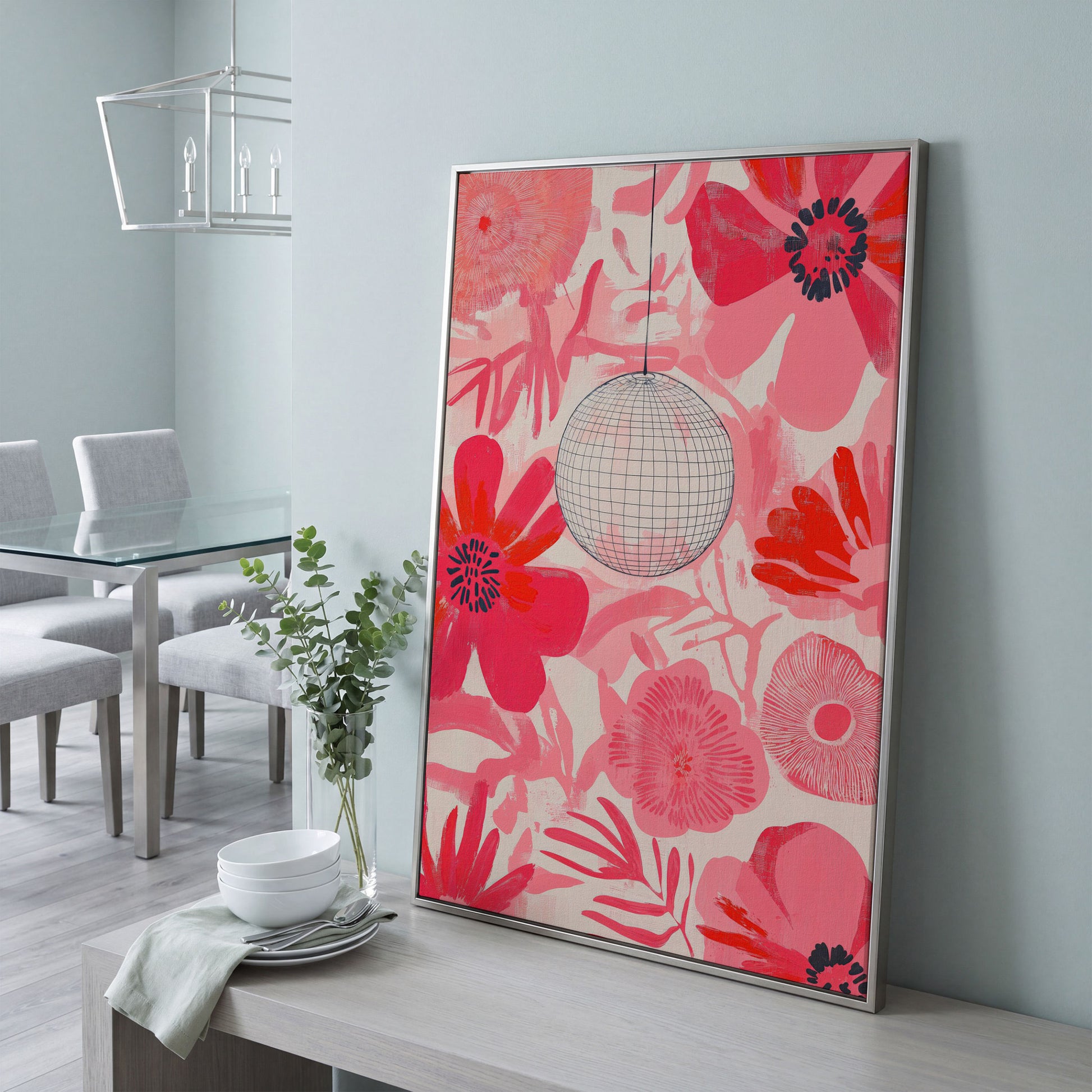 Pink Floral Abstract Canvas with Disco Ball Detail in silver floating frame