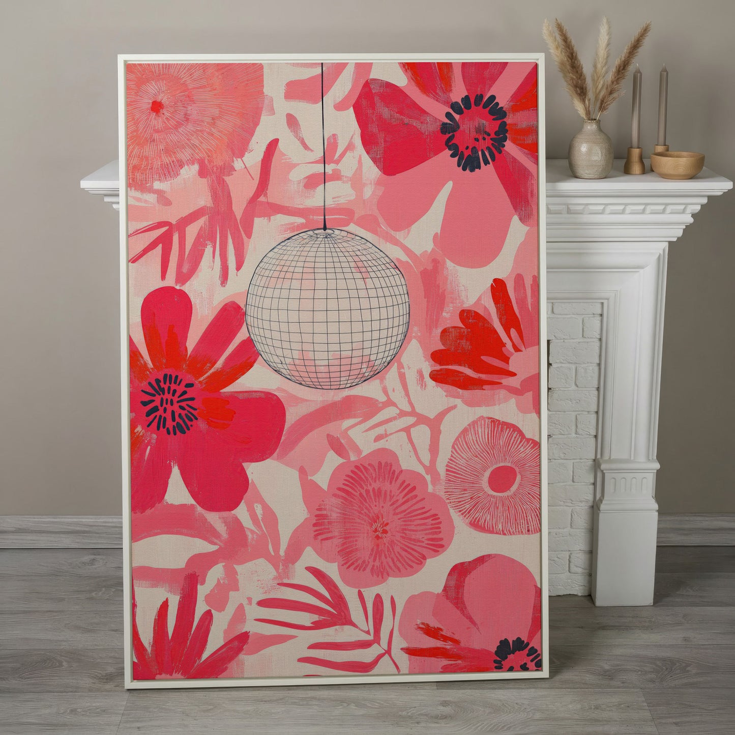 Pink Floral Abstract Canvas with Disco Ball Detail in white floating frame