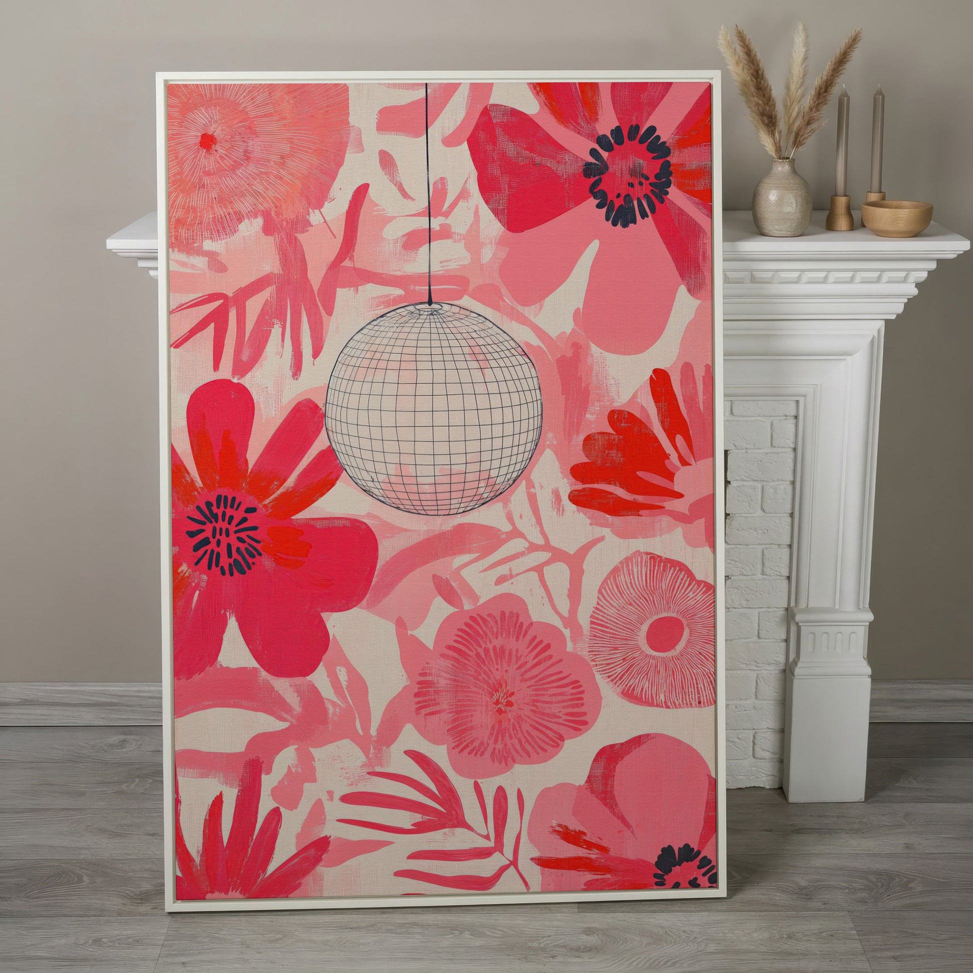 Pink Floral Abstract Canvas with Disco Ball Detail in white floating frame