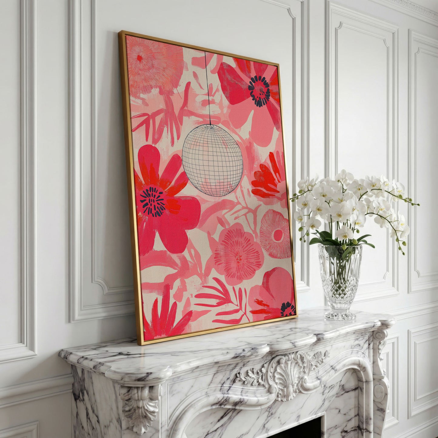 Pink Floral Abstract Canvas with Disco Ball Detail in yellow gold floating frame