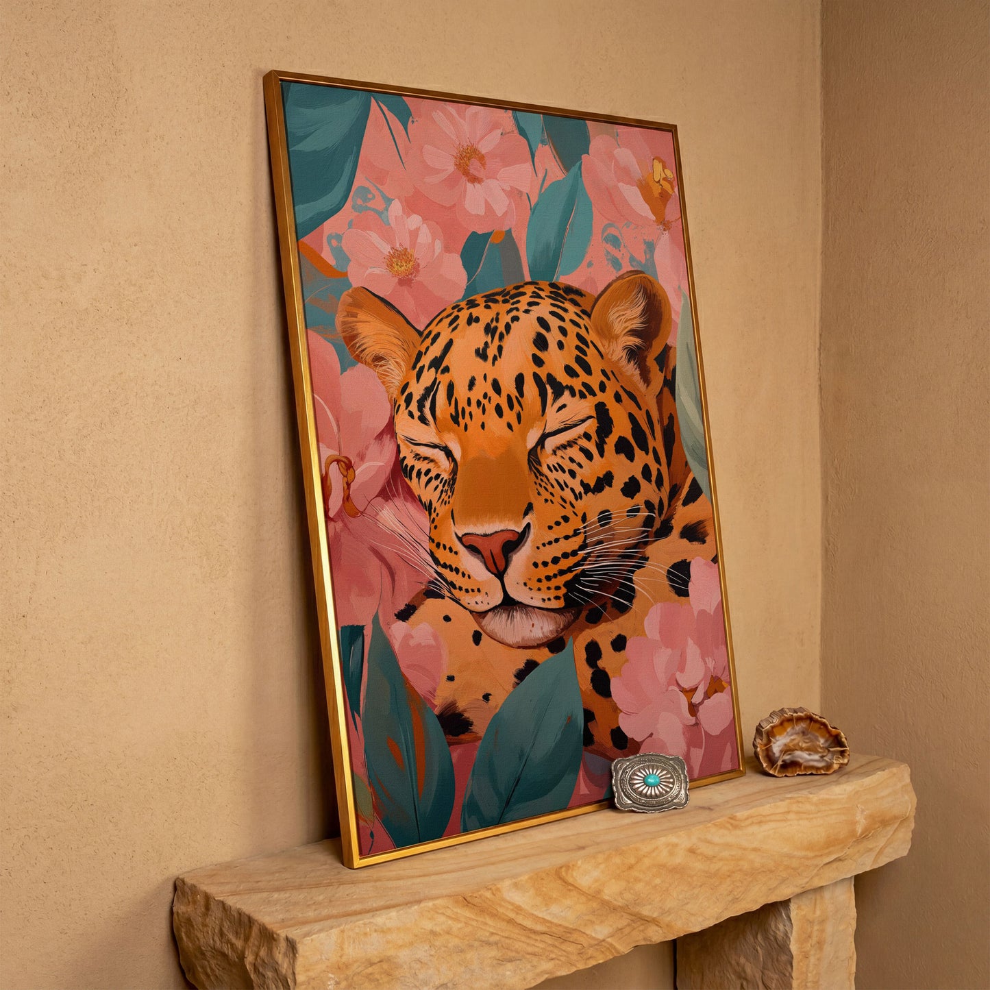 Sleeping Leopard with Coral Florals Canvas Print in antique gold floating frame