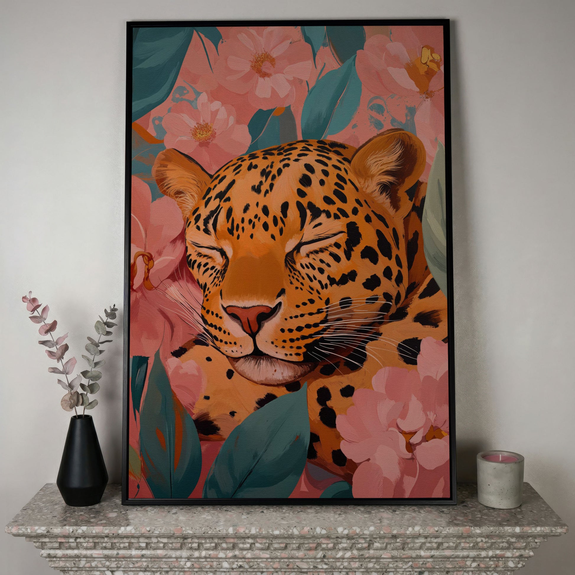 Sleeping Leopard with Coral Florals Canvas Print in black floating frame
