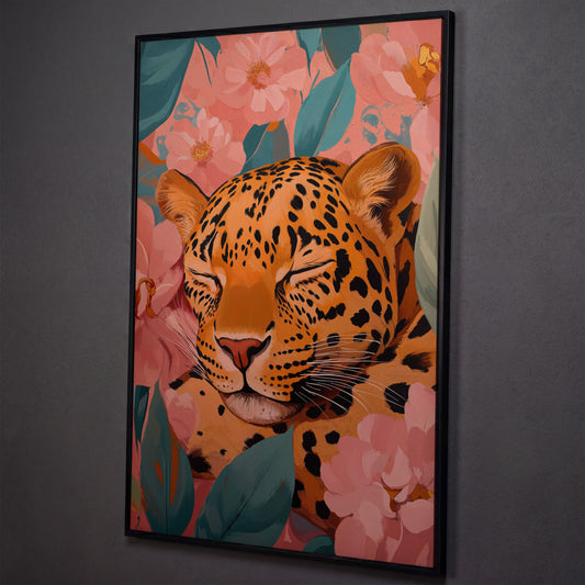 Sleeping Leopard with Coral Florals Canvas Print shown in black floating frame