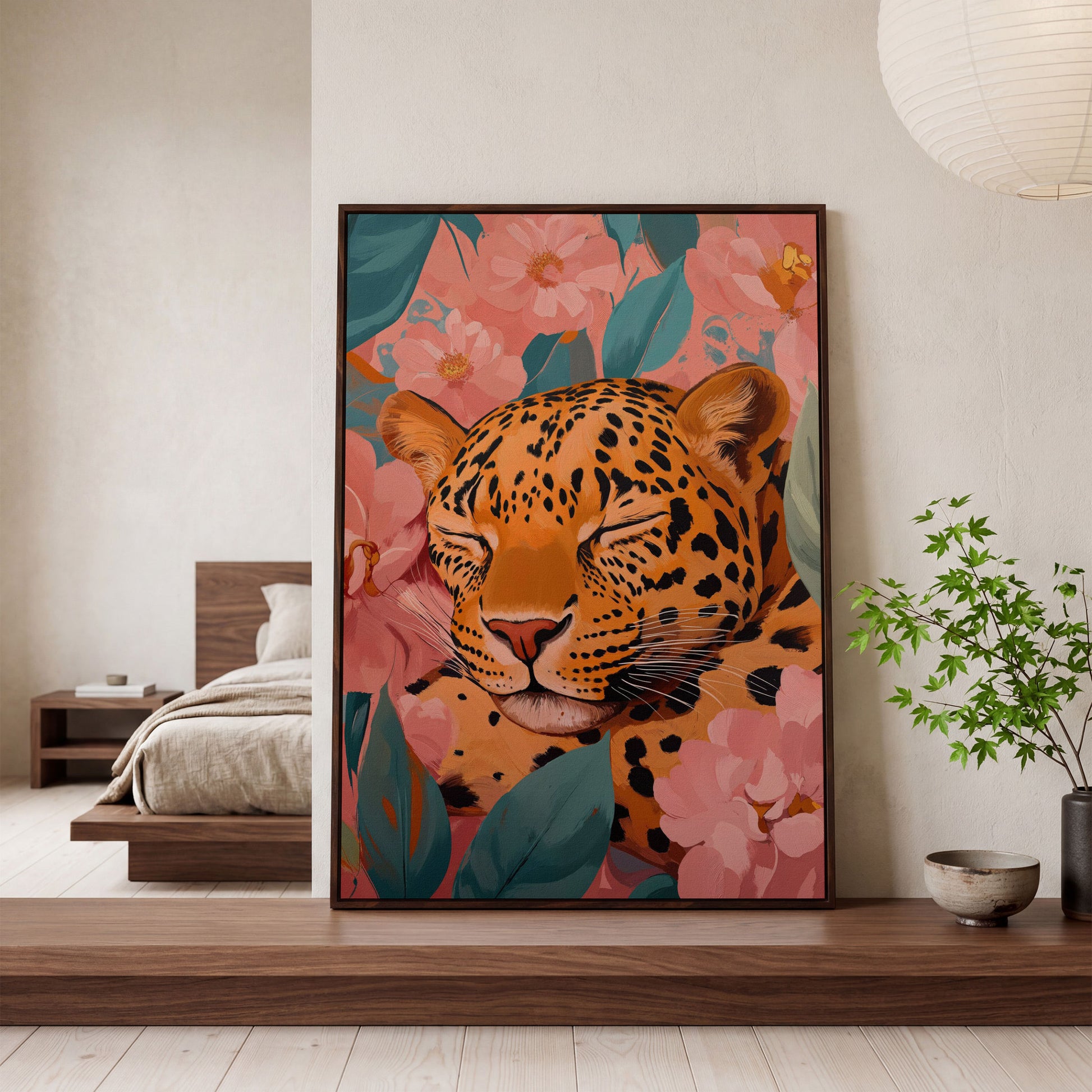 Sleeping Leopard with Coral Florals Canvas Print in dark walnut floating frame