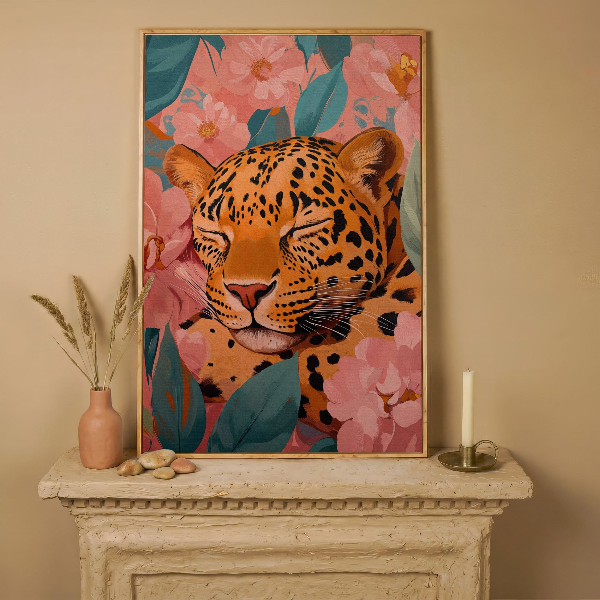 Sleeping Leopard with Coral Florals Canvas Print in white oak floating frame