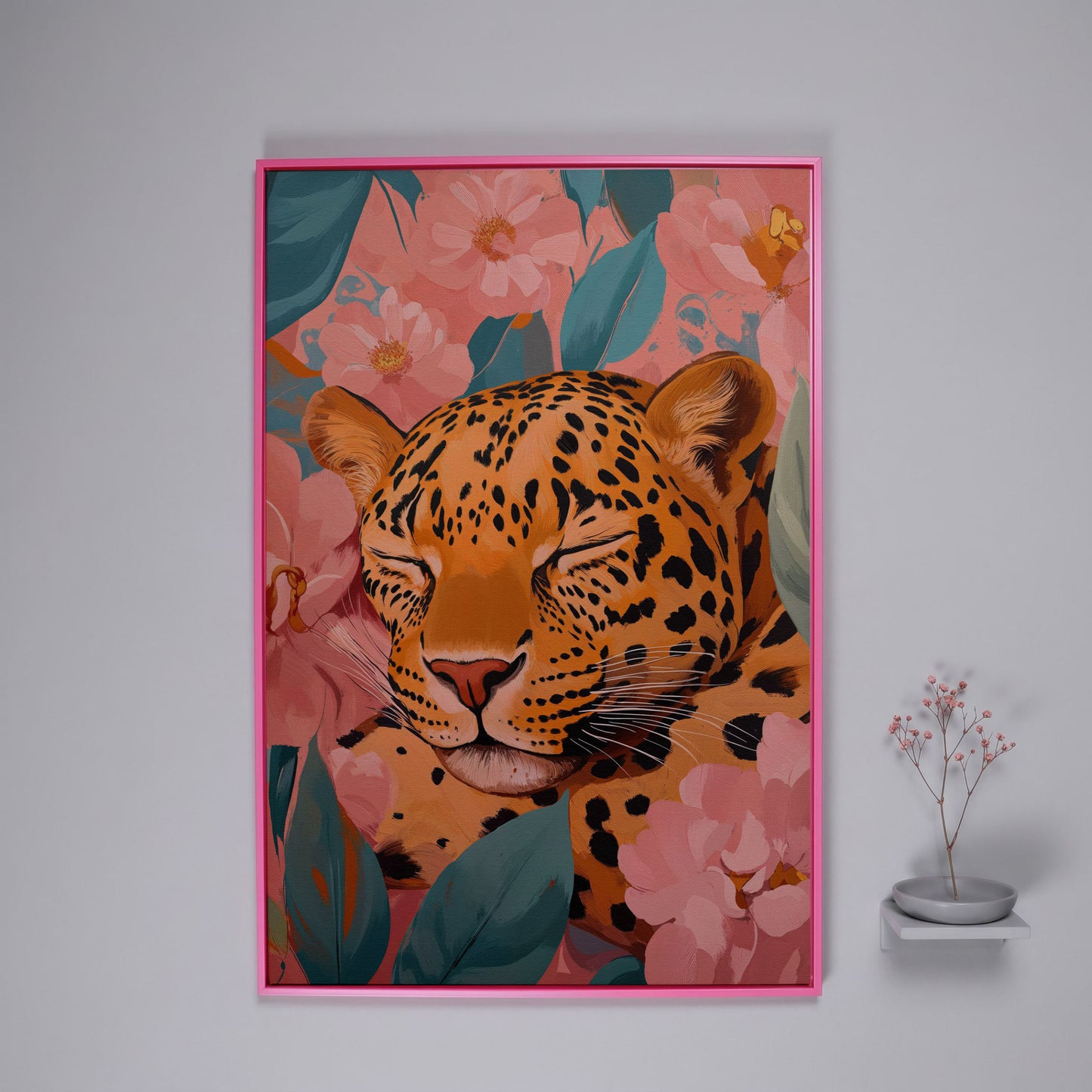 Sleeping Leopard with Coral Florals Canvas Print in pink floating frame