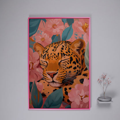 Sleeping Leopard with Coral Florals Canvas Print in pink floating frame