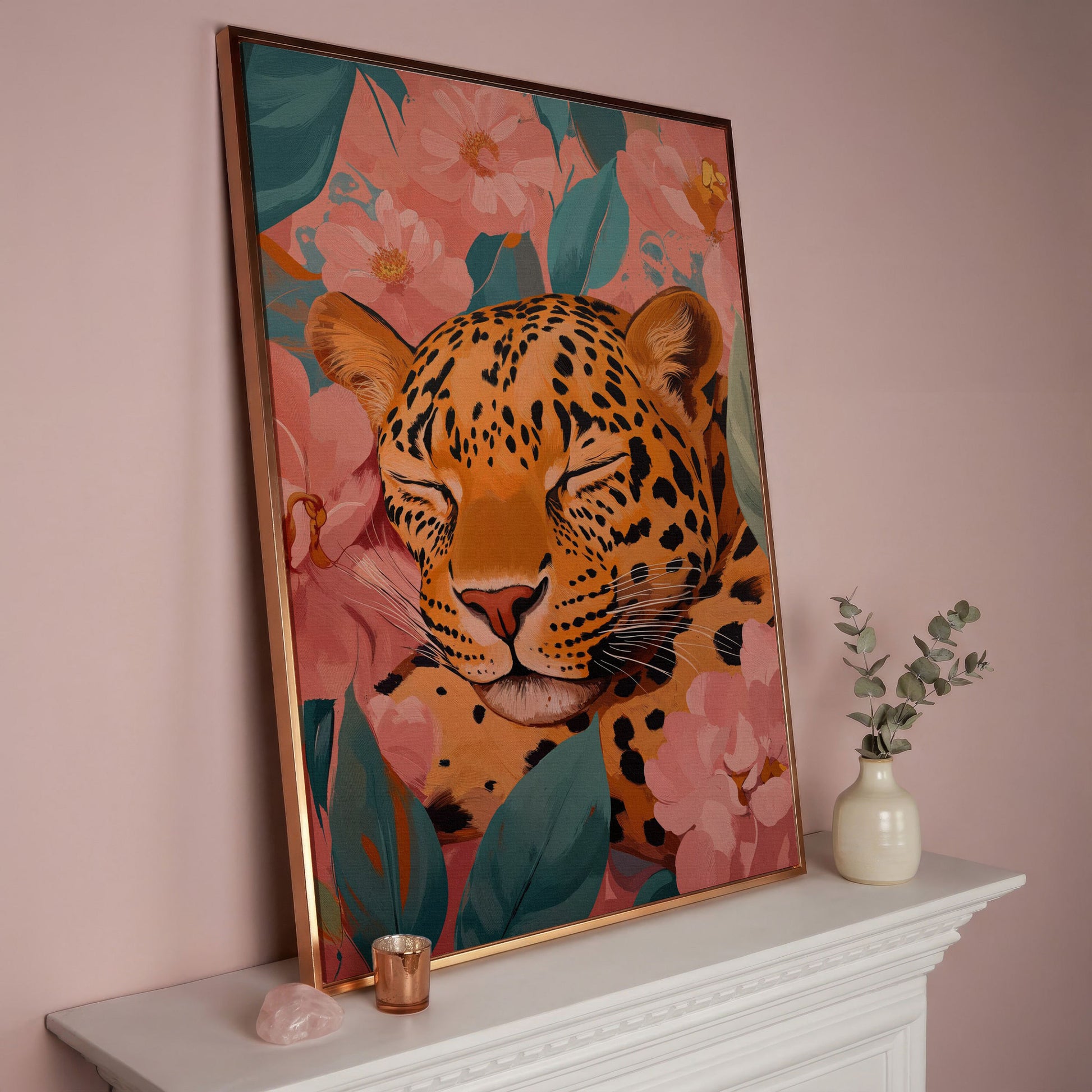 Sleeping Leopard with Coral Florals Canvas Print in rose gold floating frame