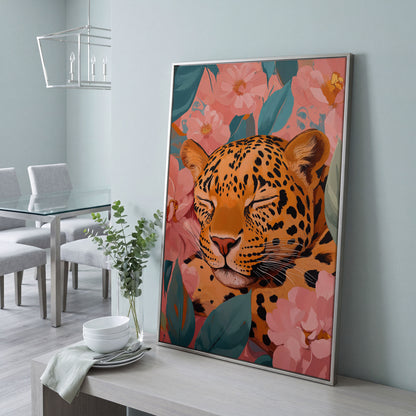 Sleeping Leopard with Coral Florals Canvas Print in silver floating frame