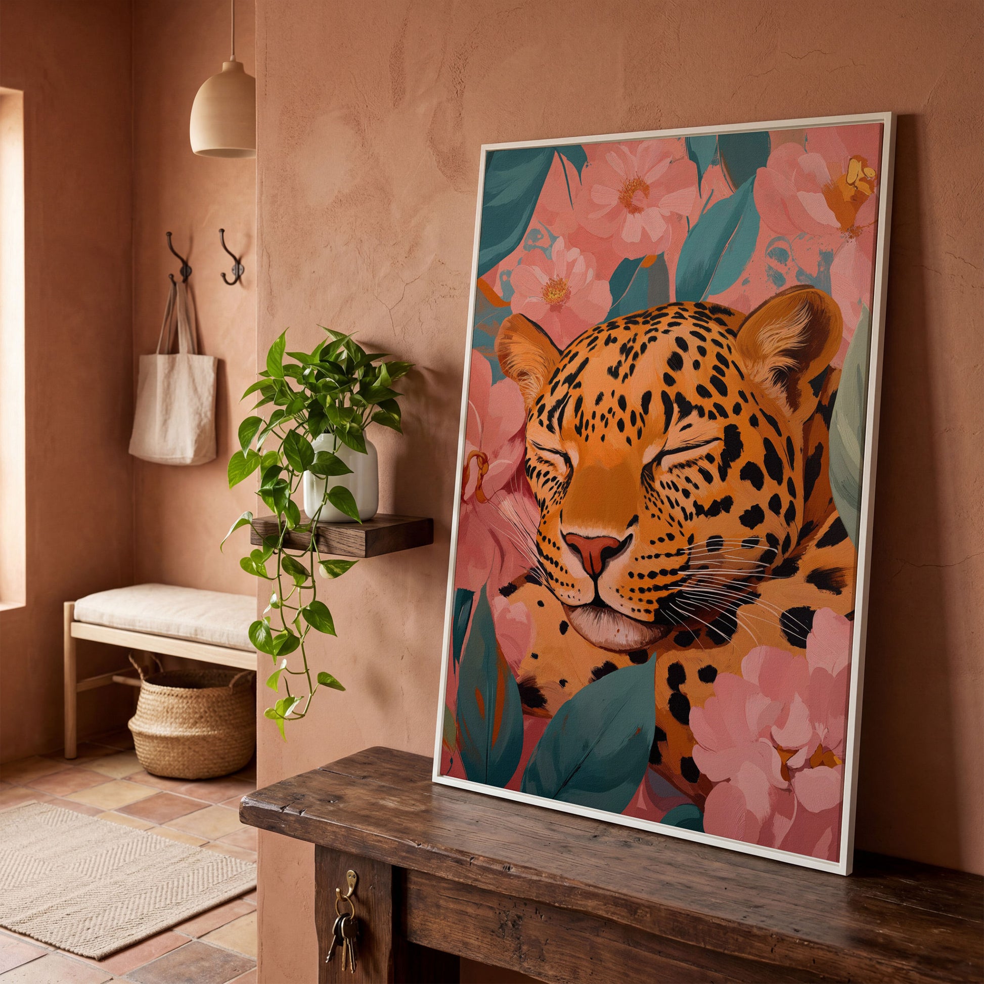 Sleeping Leopard with Coral Florals Canvas Print in white floating frame