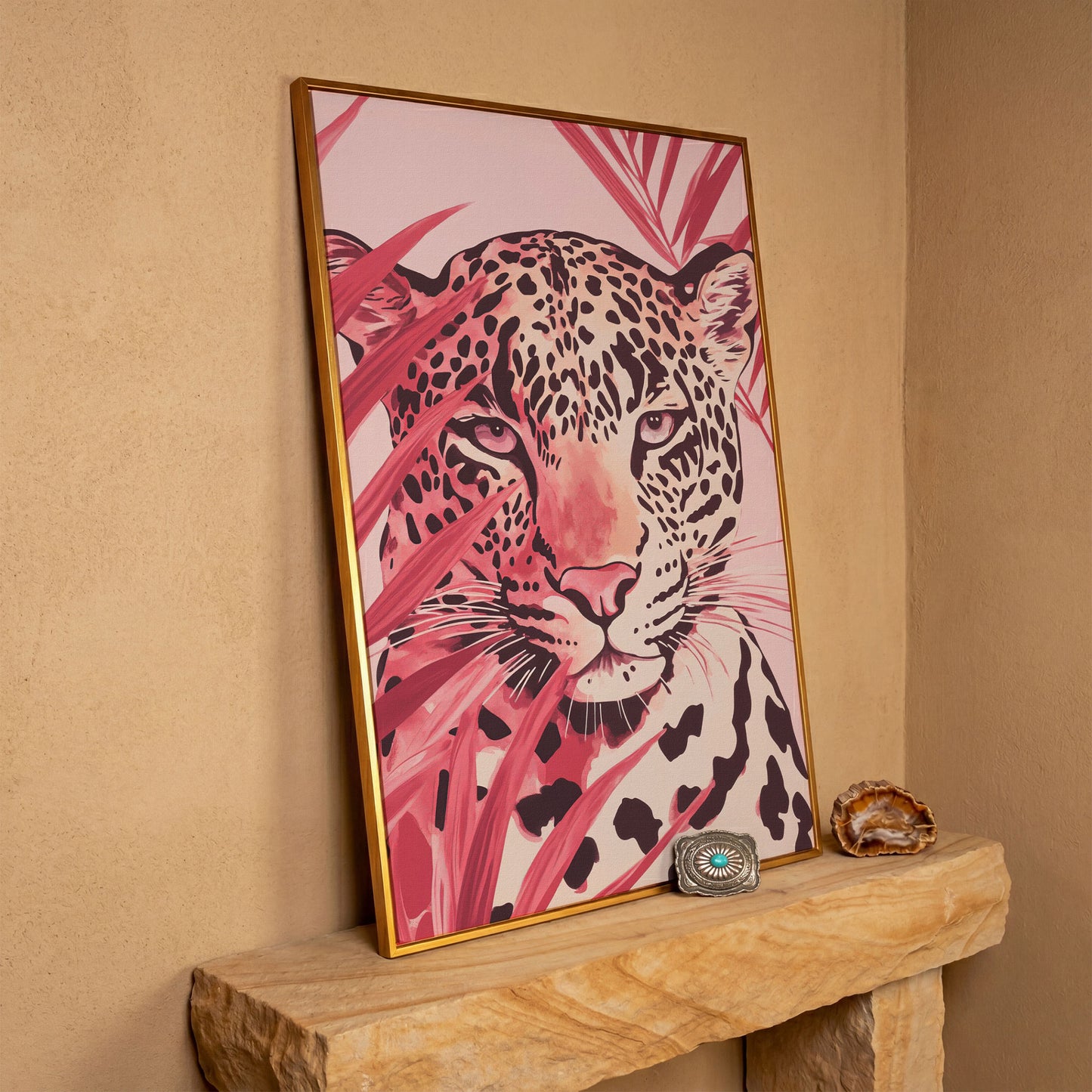 Pink Leopard Face Canvas for Nursery in antique gold floating frame