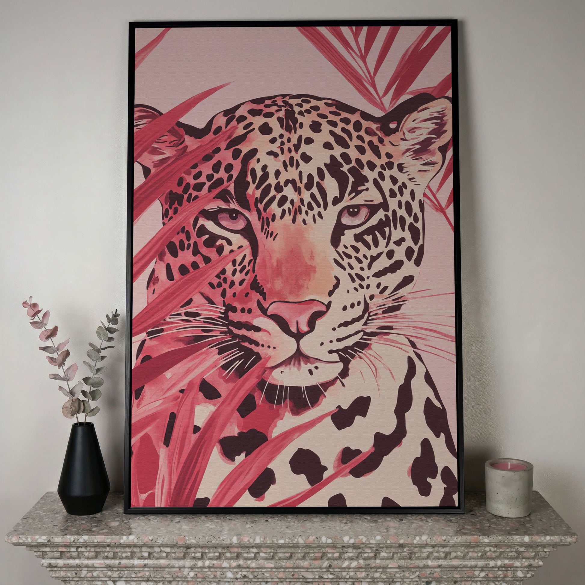 Pink Leopard Face Canvas for Nursery in black floating frame