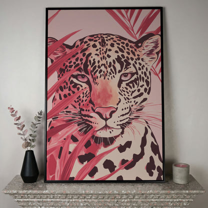 Pink Leopard Face Canvas for Nursery in black floating frame