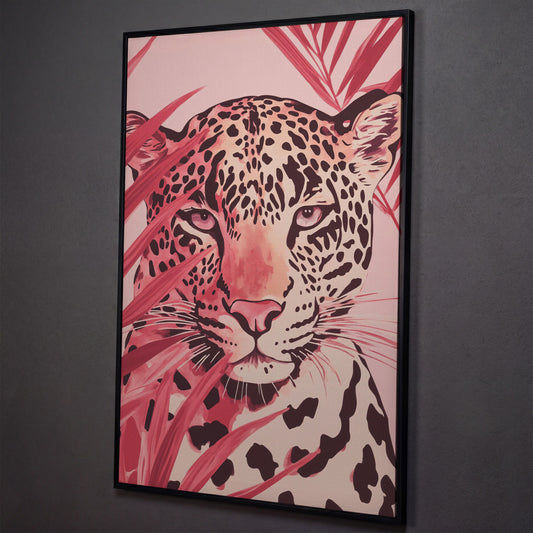 Pink Leopard Face Canvas for Nursery shown in black floating frame