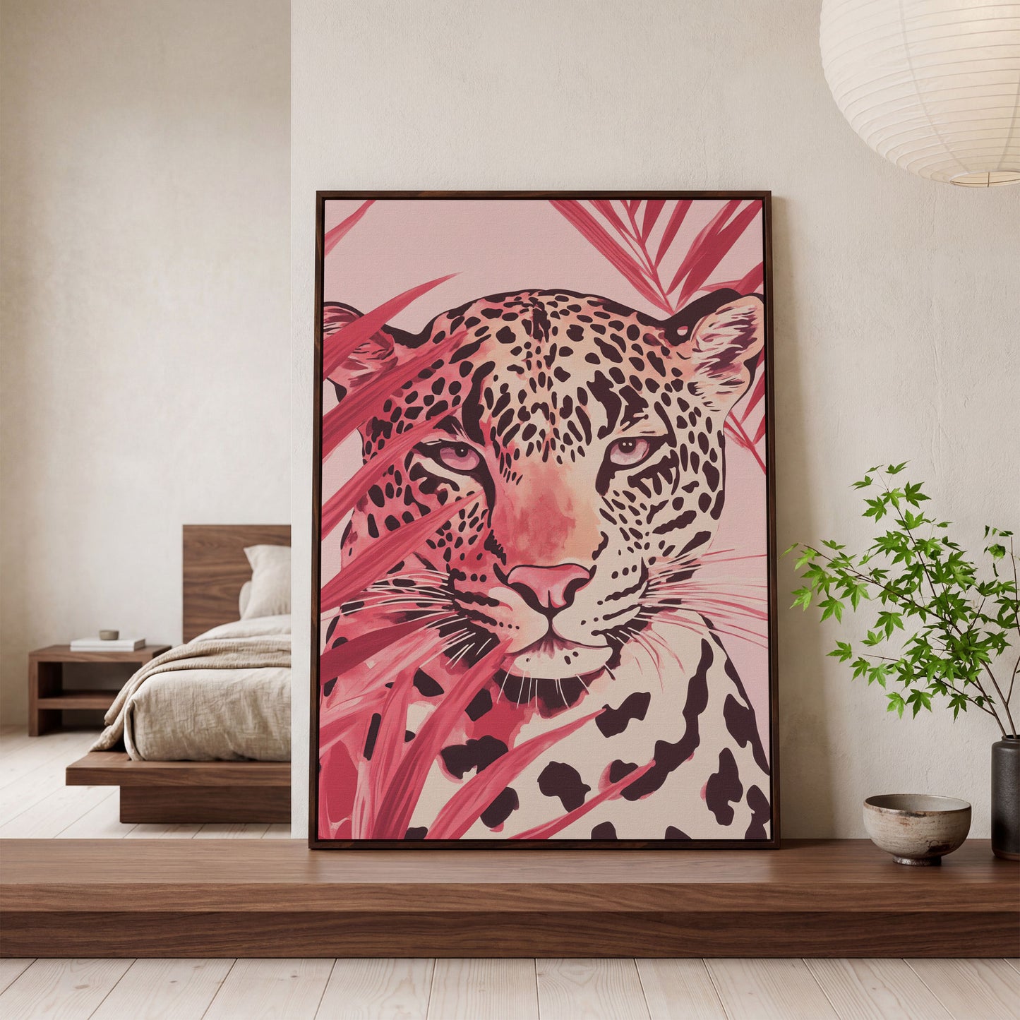 Pink Leopard Face Canvas for Nursery in dark walnut floating frame