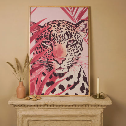 Pink Leopard Face Canvas for Nursery in white oak floating frame
