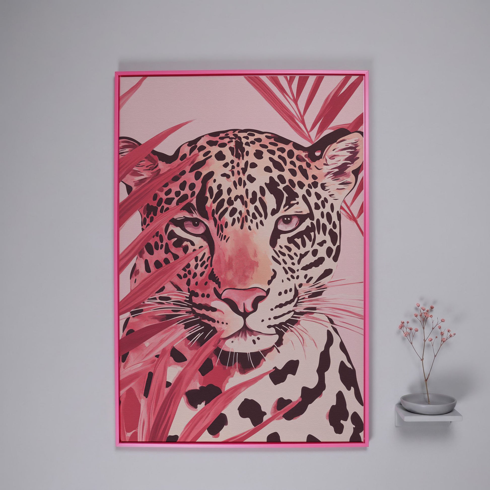 Pink Leopard Face Canvas for Nursery in pink floating frame