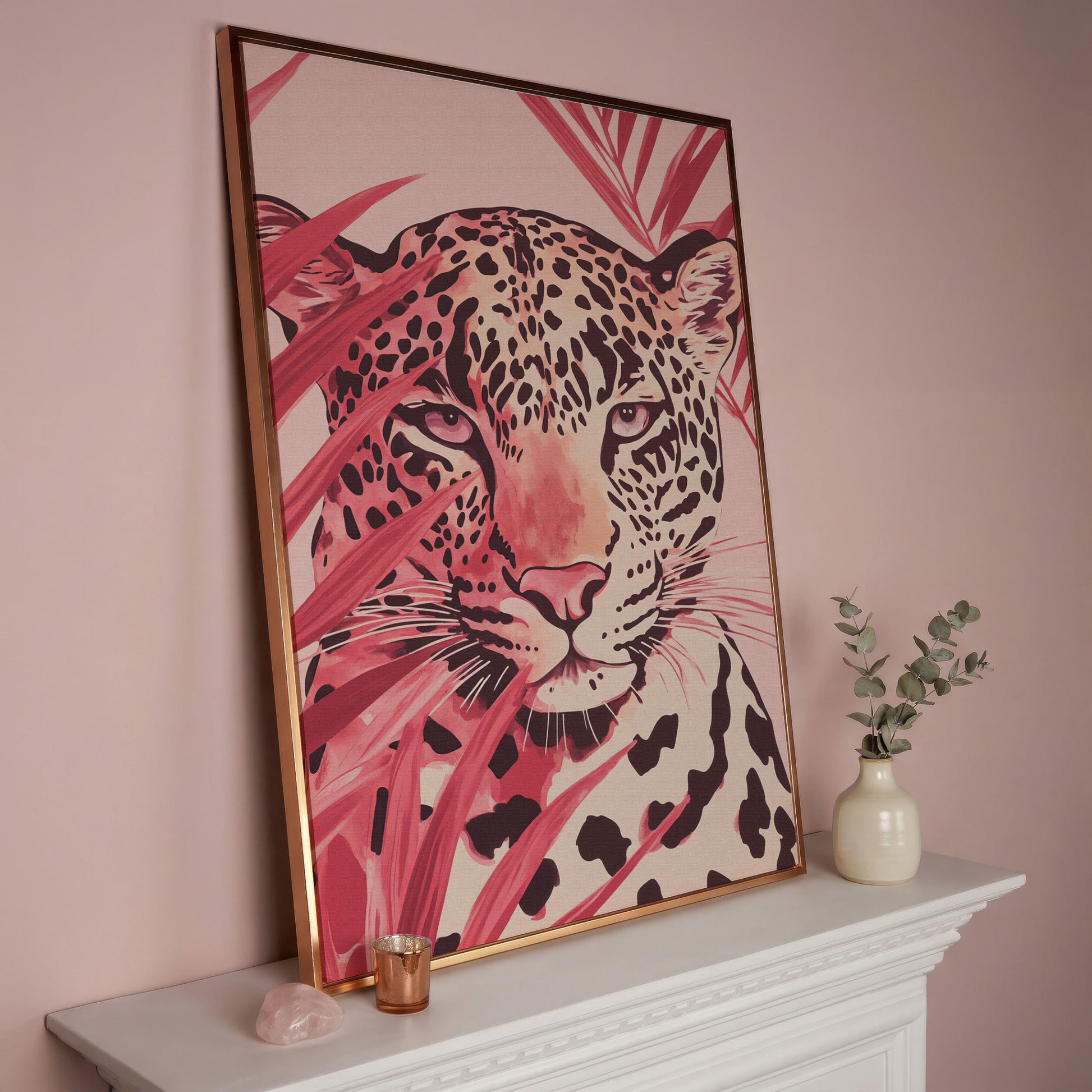 Pink Leopard Face Canvas for Nursery in rose gold floating frame