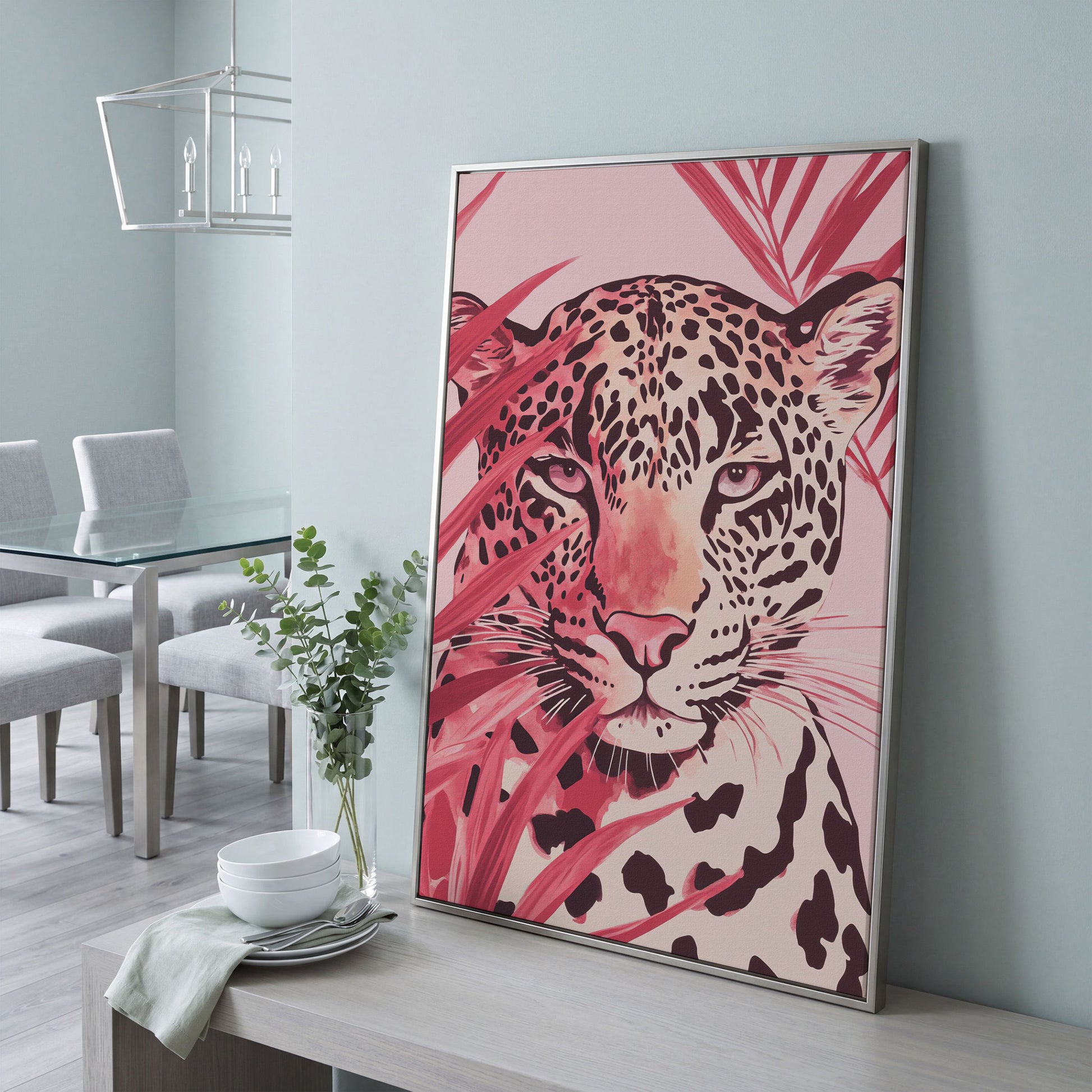 Pink Leopard Face Canvas for Nursery in silver floating frame