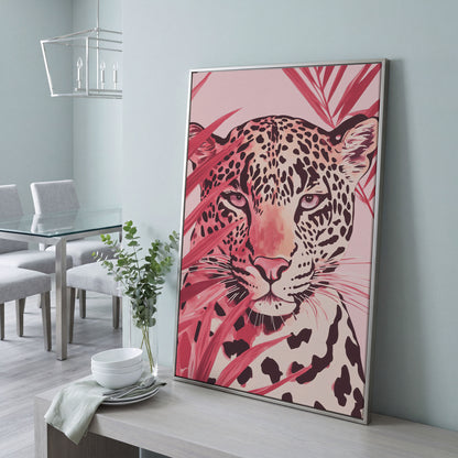 Pink Leopard Face Canvas for Nursery in silver floating frame