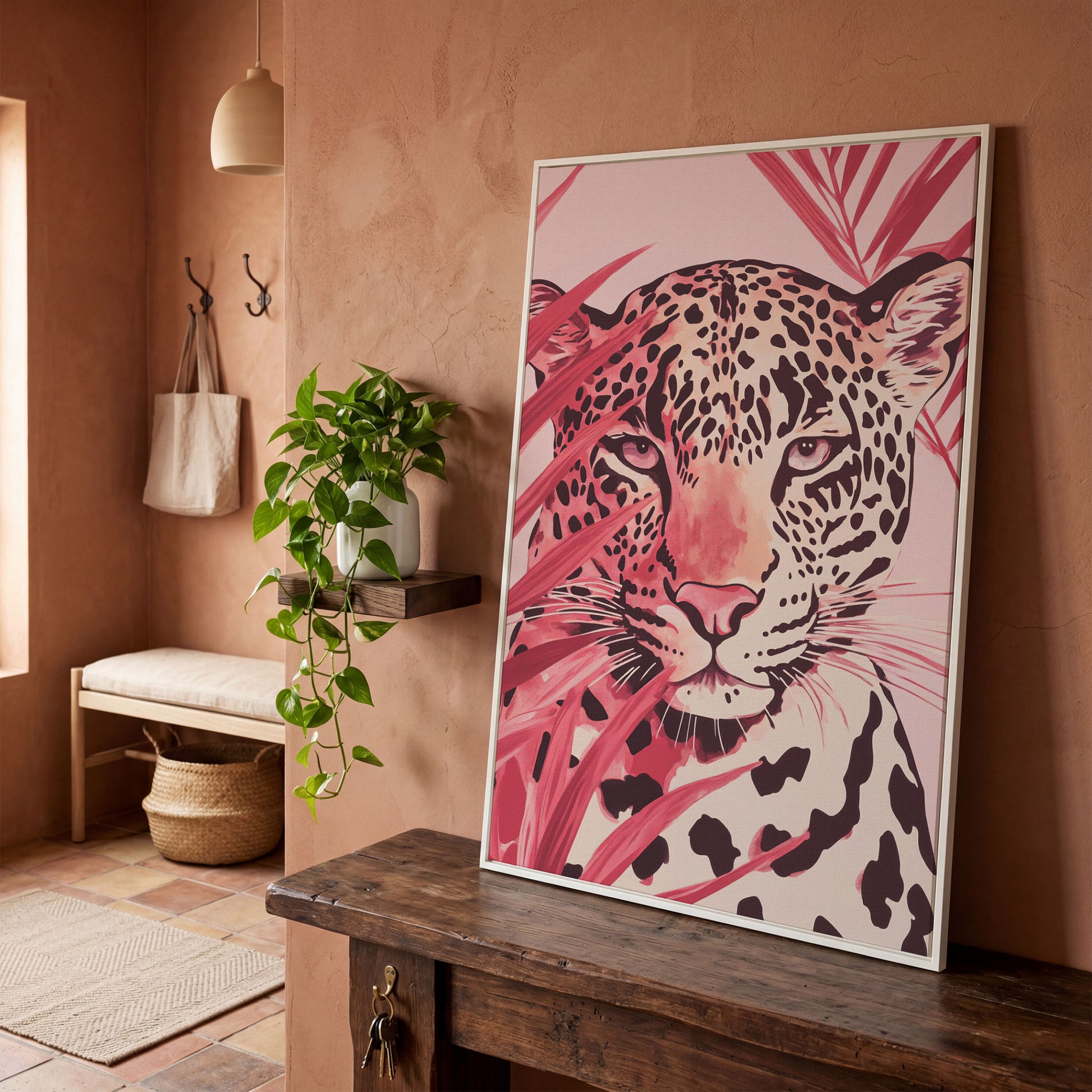 Pink Leopard Face Canvas for Nursery in white floating frame