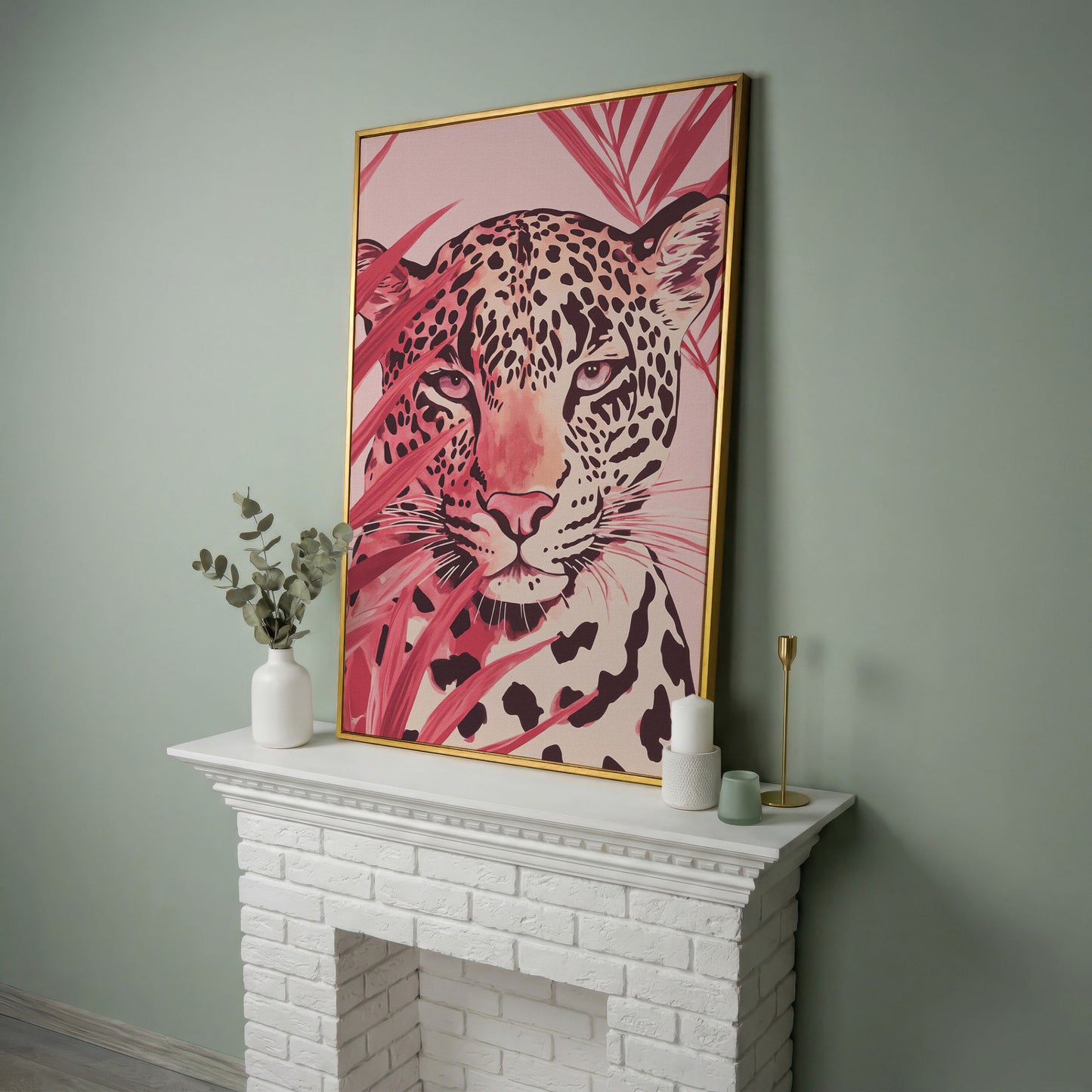 Pink Leopard Face Canvas for Nursery in yellow gold floating frame