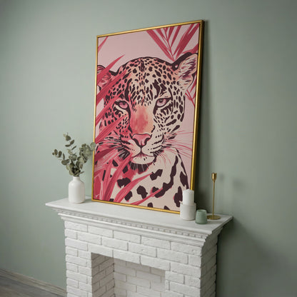 Pink Leopard Face Canvas for Nursery in yellow gold floating frame