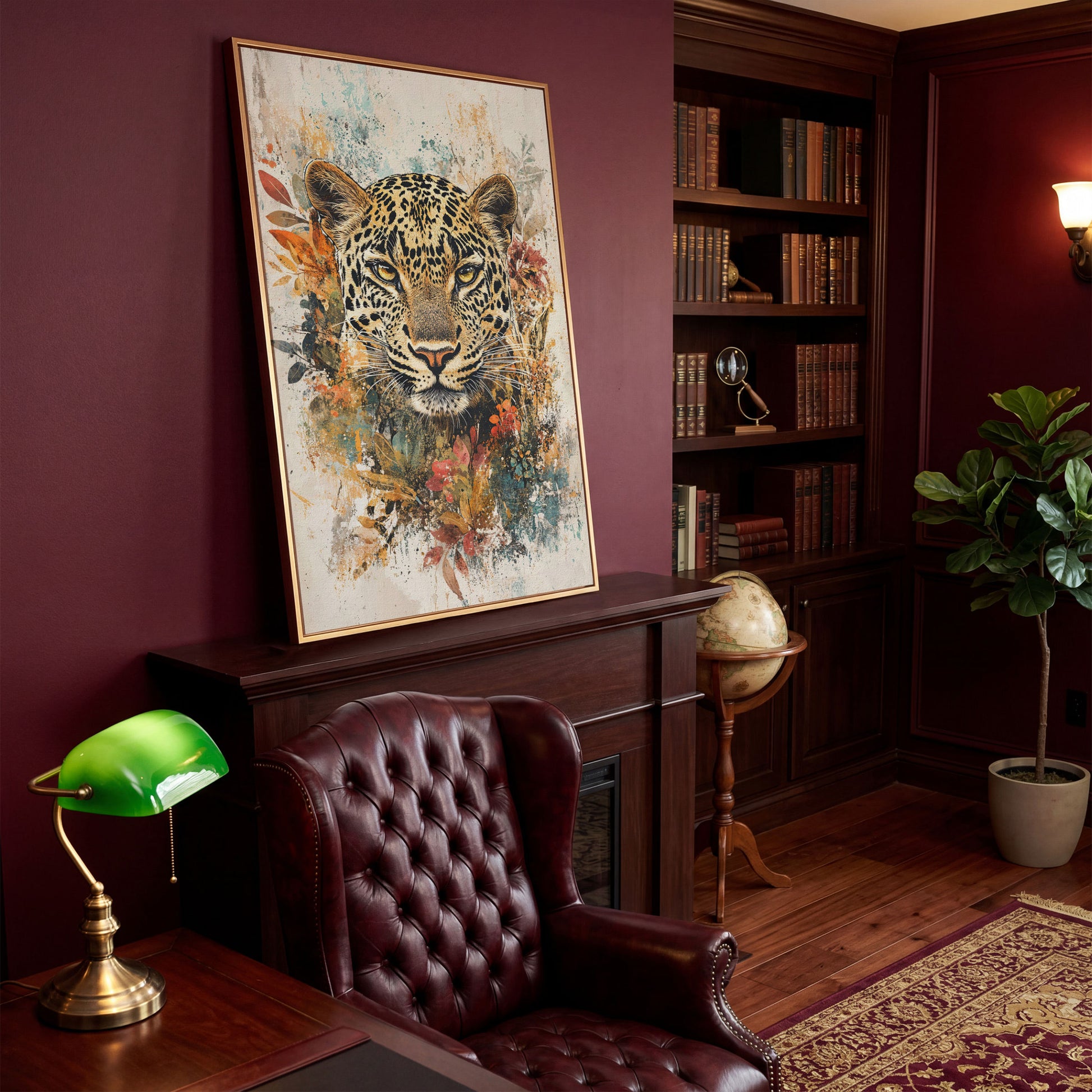 Leopard & Florals Canvas Wall Art in Ochre and Teal in antique gold floating frame