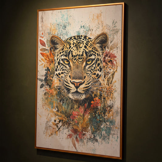 Leopard & Florals Canvas Wall Art in Ochre and Teal shown in antique gold floating frame