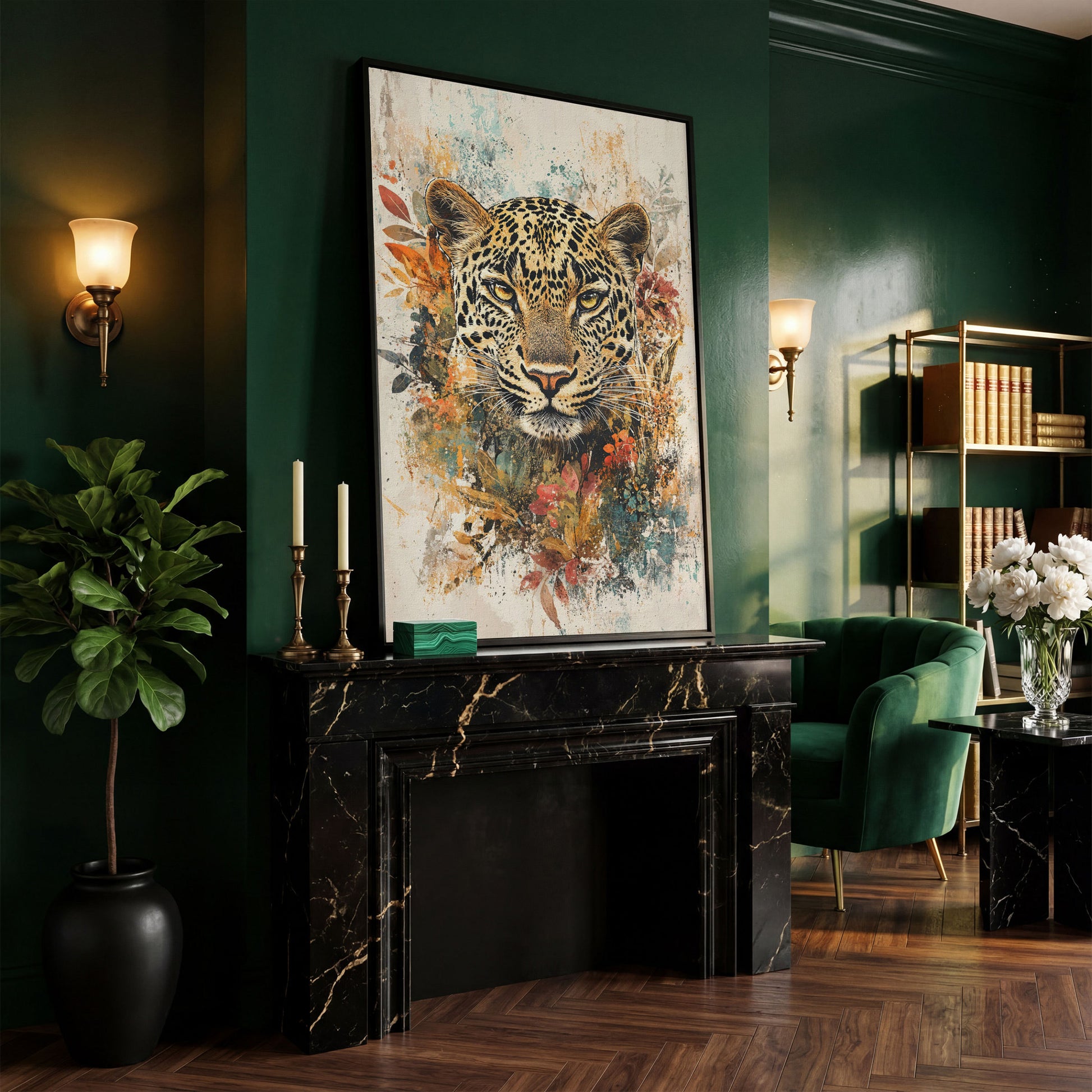 Leopard & Florals Canvas Wall Art in Ochre and Teal in black floating frame